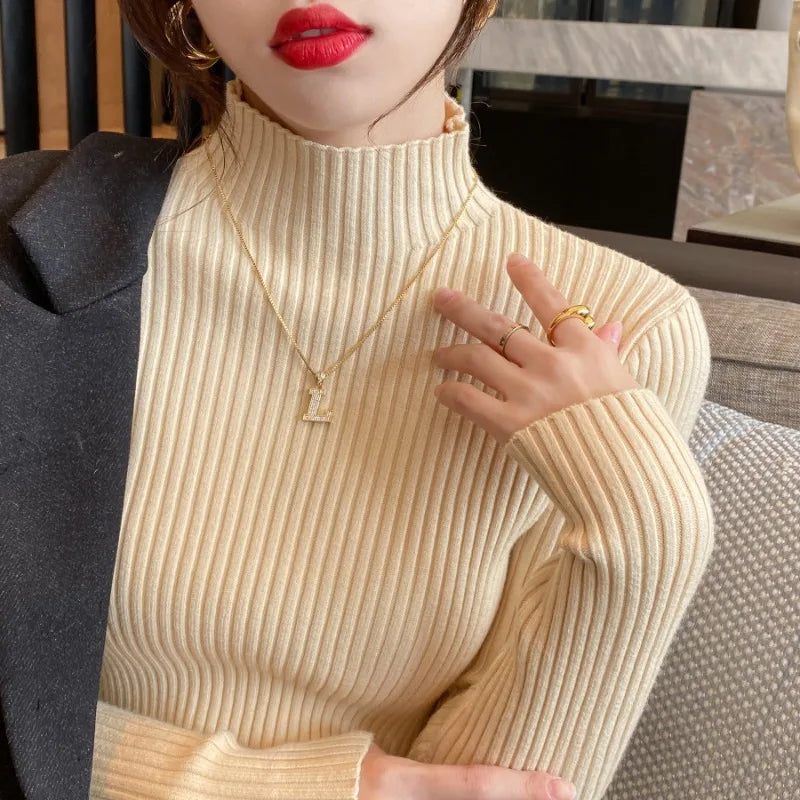 Women's Ribbed Mock Neck Long Sleeve Sweater Casual Knit Layer