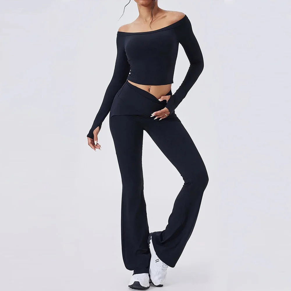 Women's Off-Shoulder Top and Flared Pants Workout Set