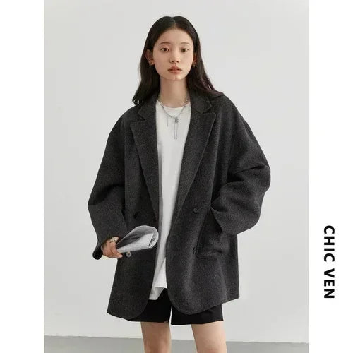 Women's Relaxed Double Breasted Lapel Coat for Layered Outfits