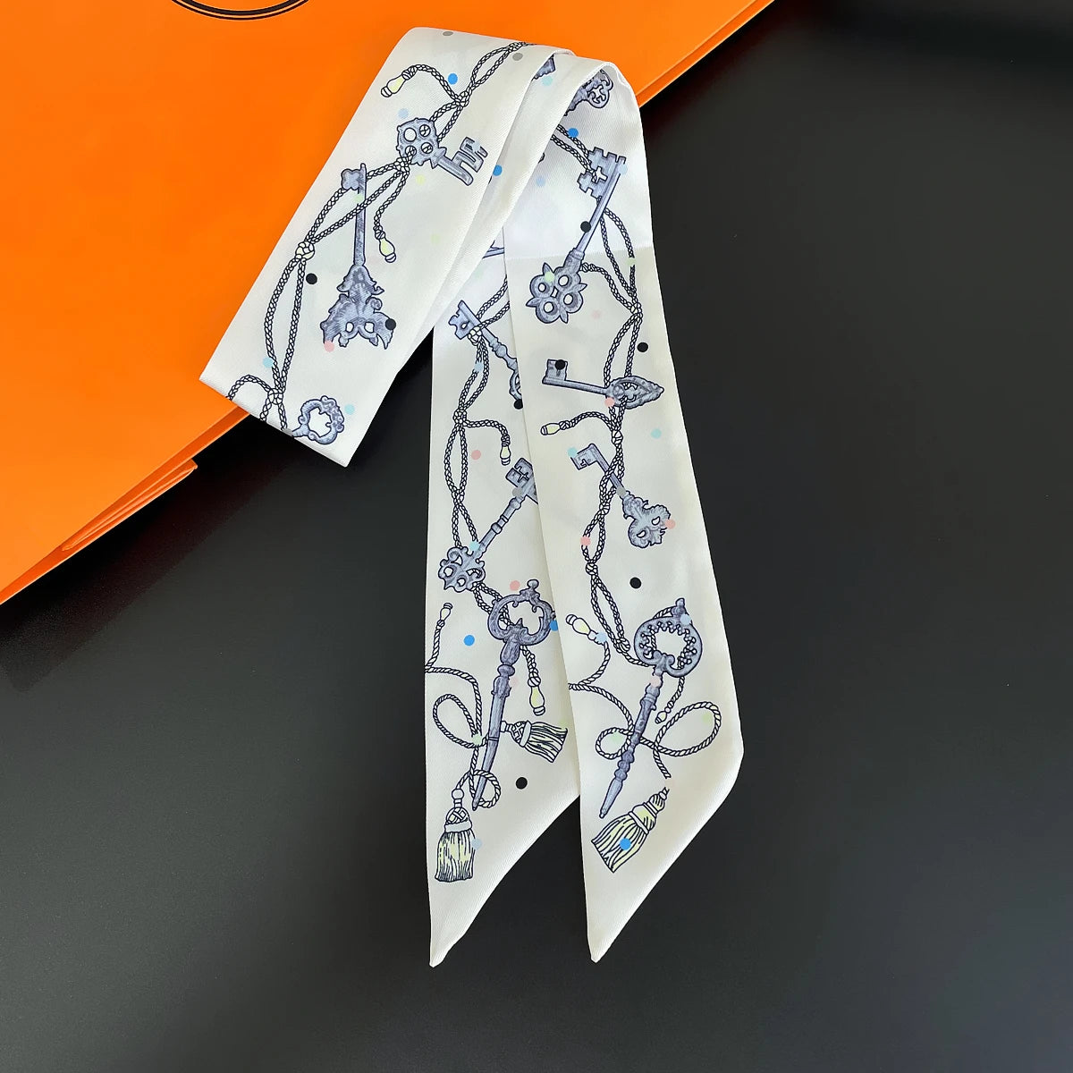 Colorful Printed Skinny Ribbon Scarf with Tie Ends