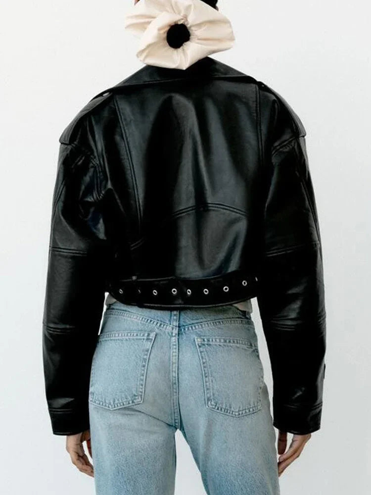 Women's Belted Faux Leather Biker Jacket for Layered Outfits