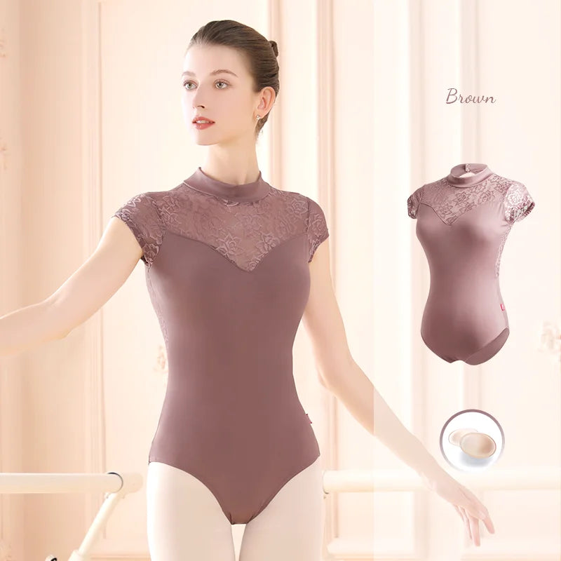 Women's High Neck Ballet Leotard with Lace Panels and Back Cutout