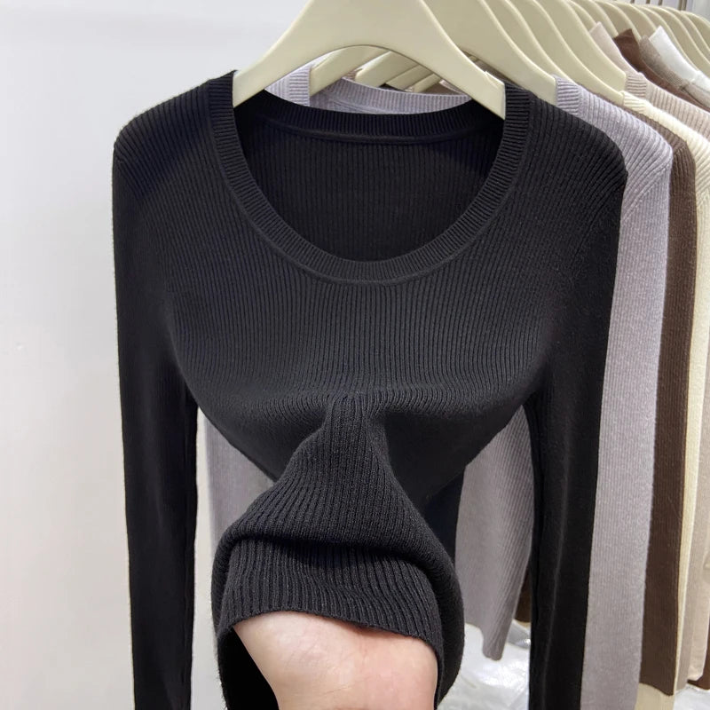Women's Scoop Neck Ribbed Long Sleeve Sweater Casual Knit Layer