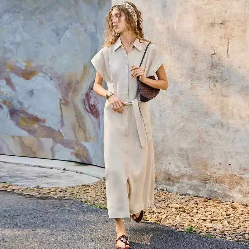 Women's Linen-Lyocell Collared Short-Sleeve Ankle-Length Shirt Dress with Tie Detail and Buttons