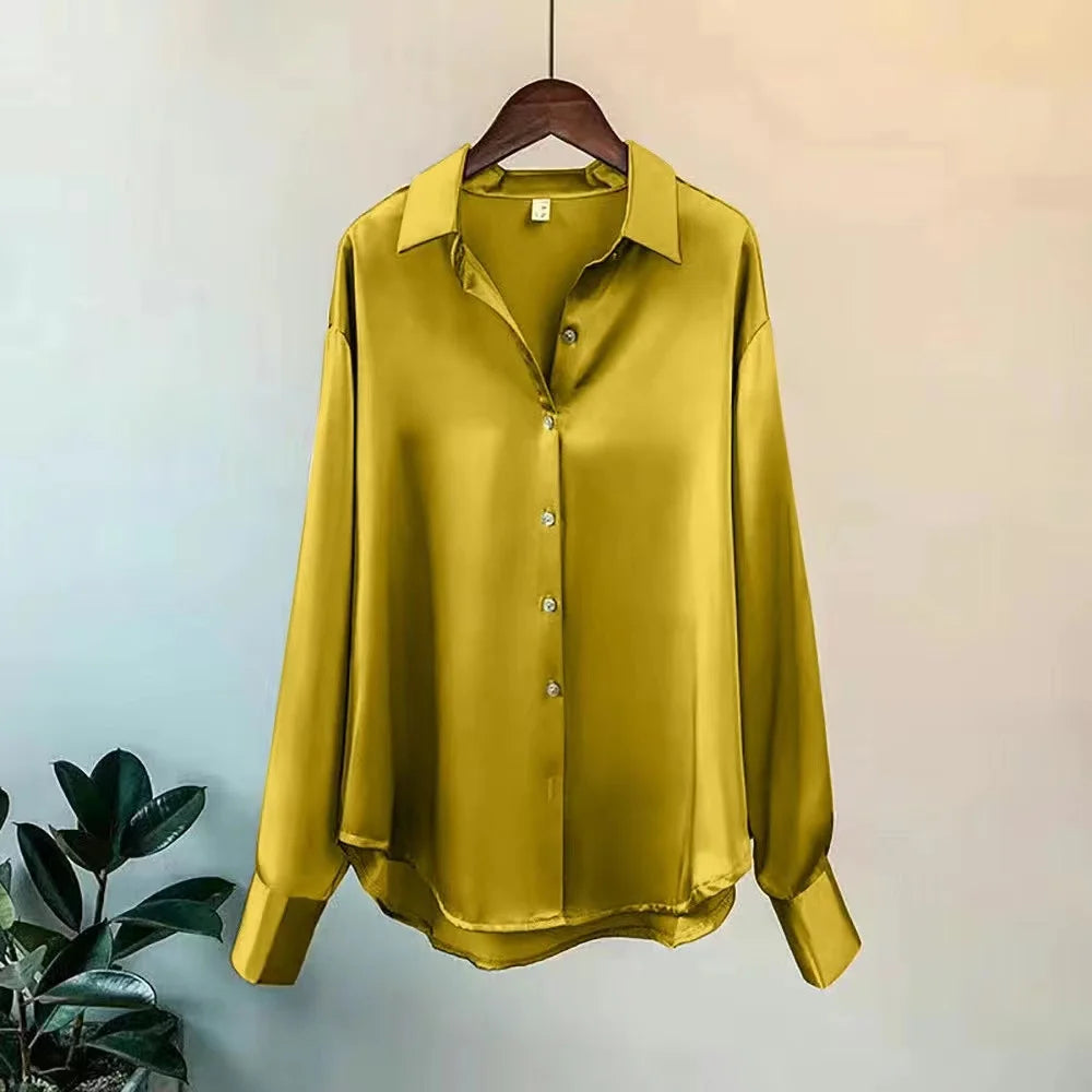 Women's Satin Look Long Sleeve Button Front Shirt