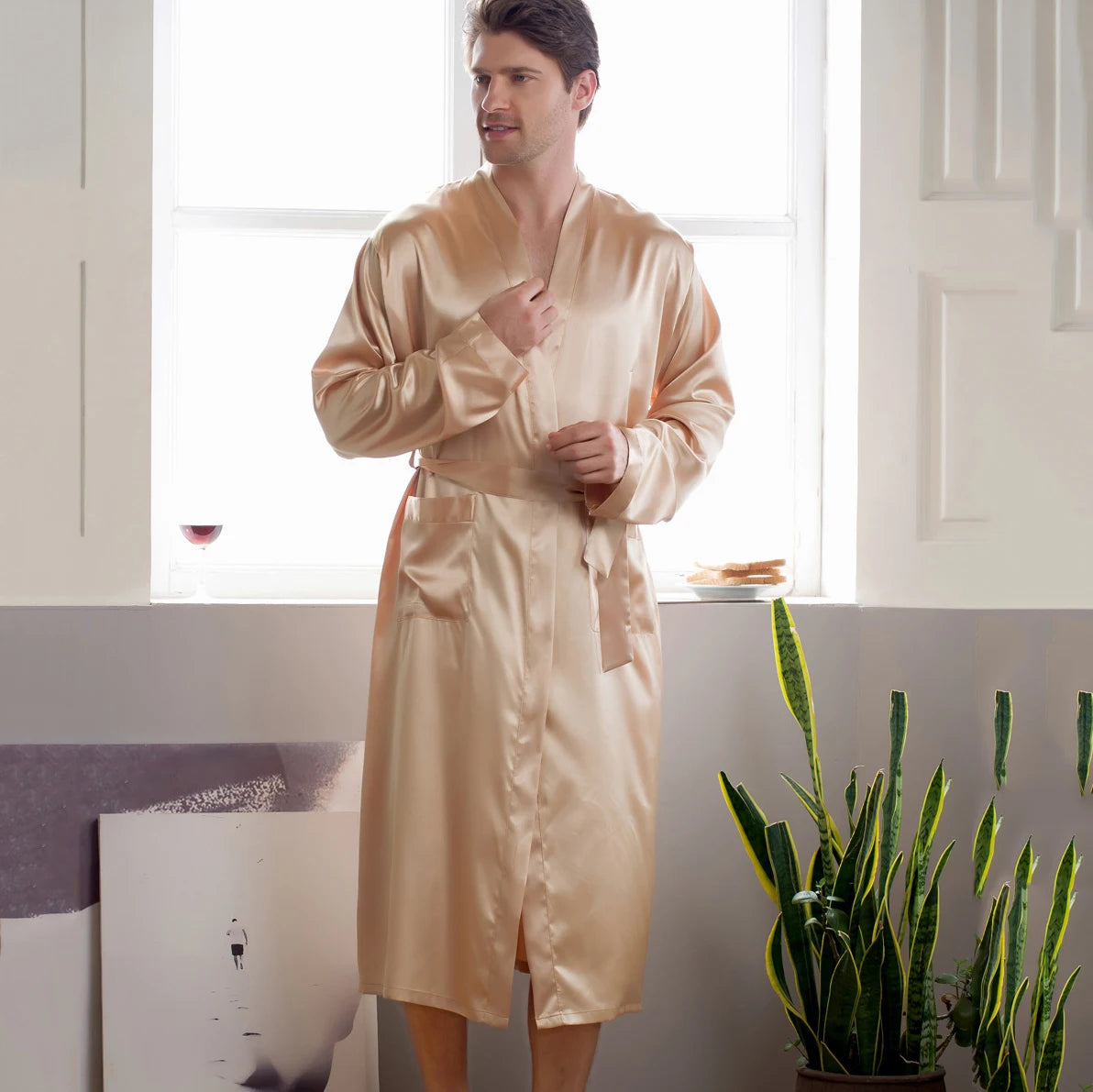 Men's Solid Satin Long Sleeve Tie Waist Bathrobe with Pockets