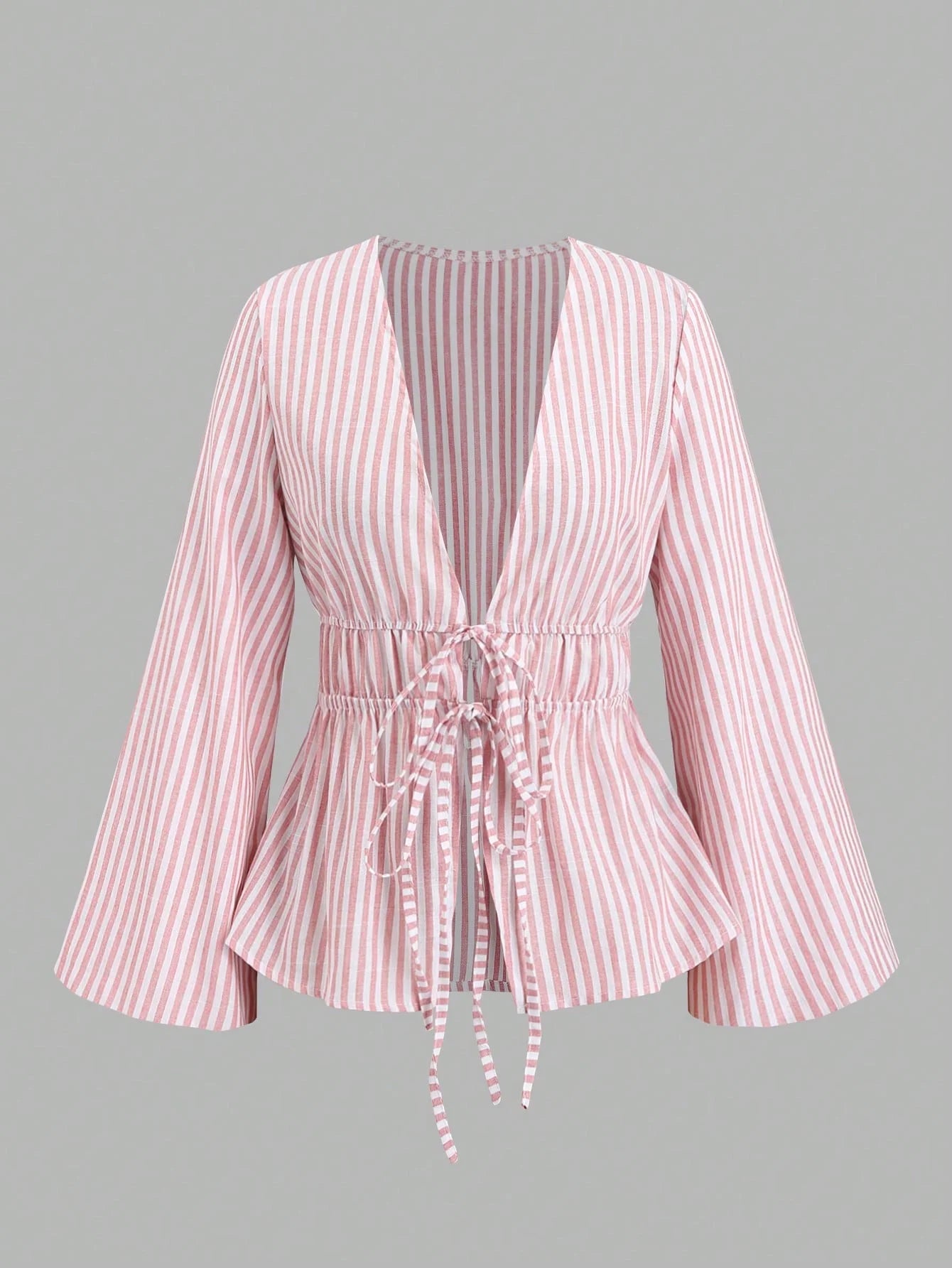 Women's Striped Wrap Blouse with Back Tie and Wide Sleeves