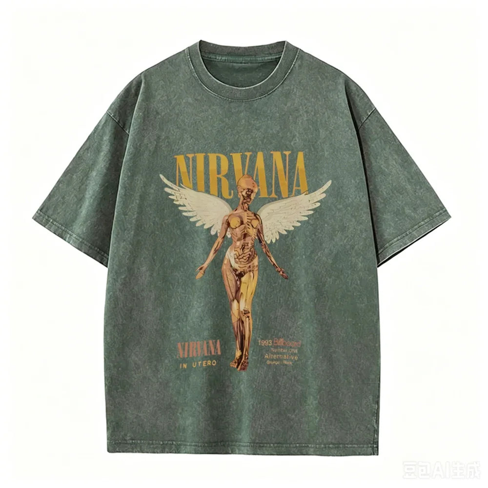 Vintage Distressed Washed Tee Nirvana Grunge Rock Silver Angel Skeleton Print Loose Fit Short Sleeve T Shirts