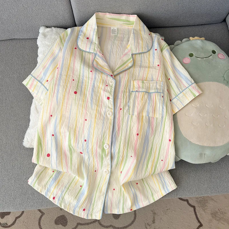 Women's Printed Short Sleeve Button Front Pajama Set with Top and Shorts