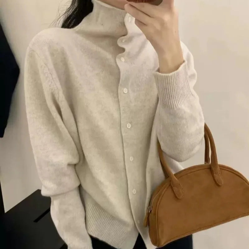 French-style high-neck 100 pure cashmere knitted cardigan for women's autumn and winter loose sweater with wool base coat