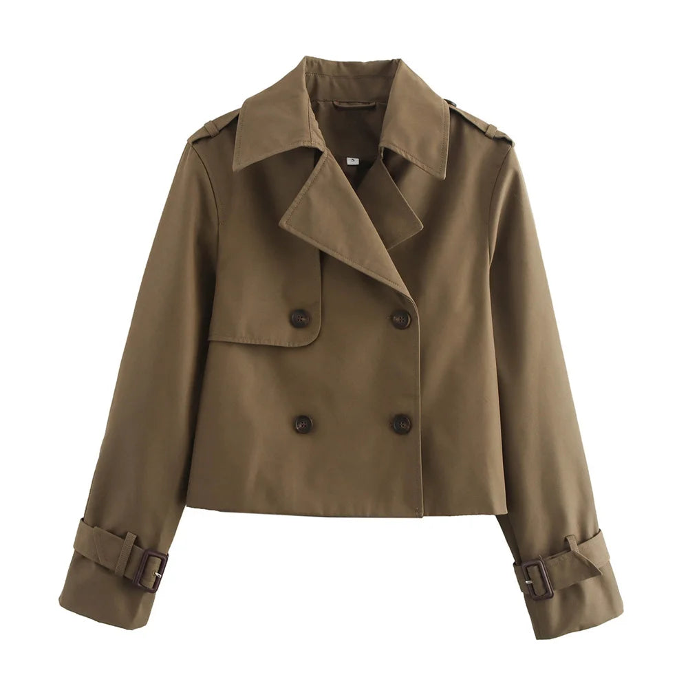 Cropped Double-Breasted Long-Sleeve Trench Jacket