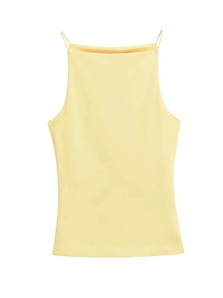 Women's High Neck Cotton Blend Camisole with Thin Straps and Straight Hem