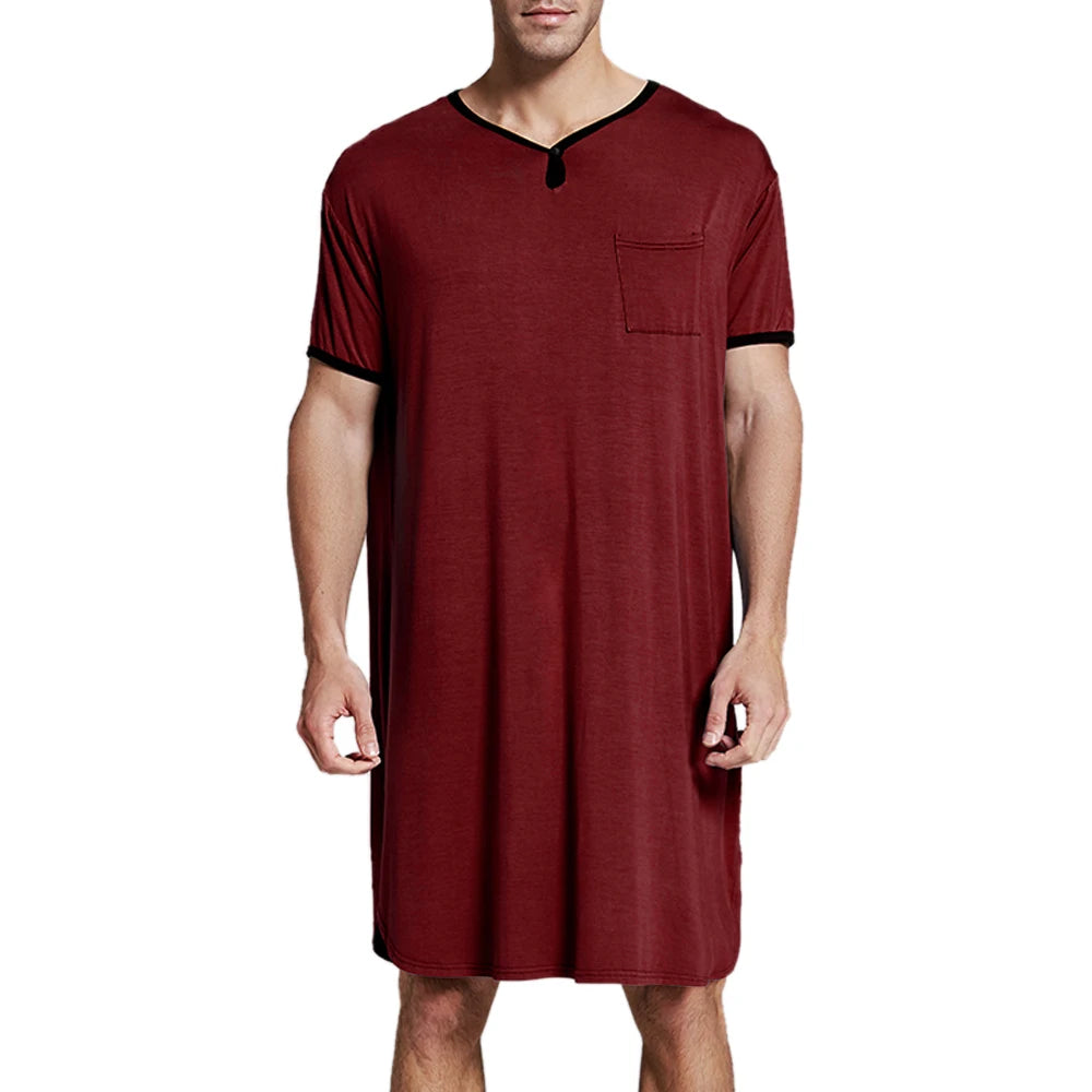Men's Solid Short Sleeve Button Neck Lounge Sleep Nightdress