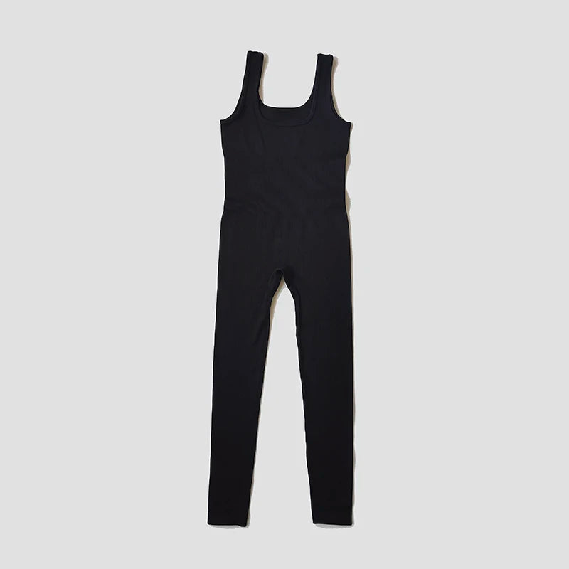 Women's Wide Strap Ribbed Nylon Blend Workout Jumpsuit with Long Legs