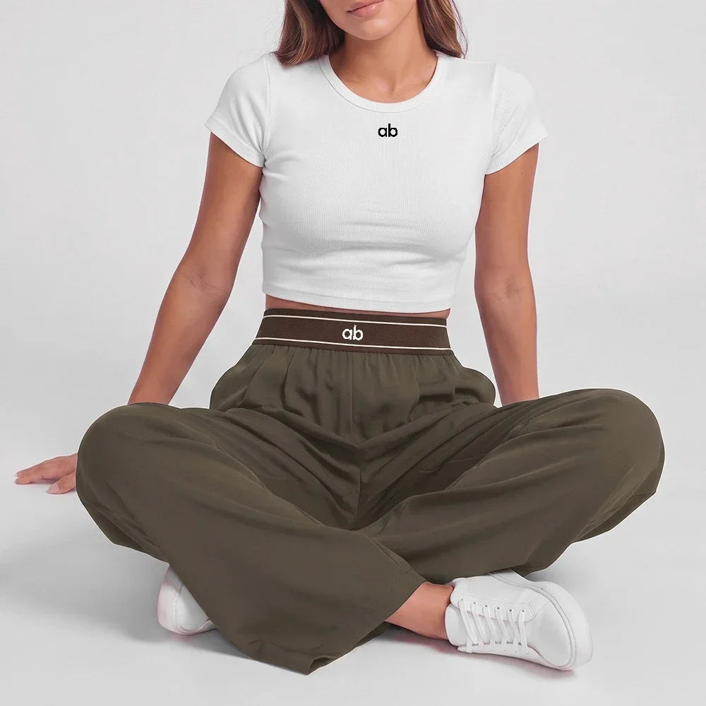 Women's Drawstring Waist Polyester Blend Wide Leg Pants for Casual Workouts