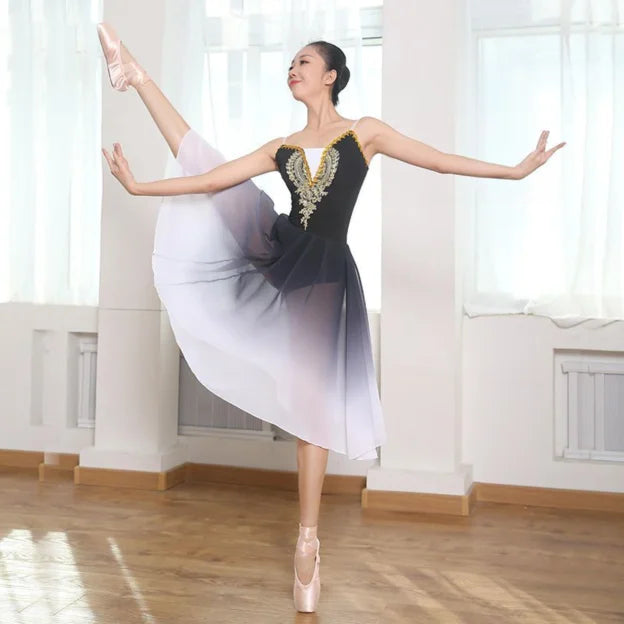 Women's Gradient Ballet Dance Dress with Flowing Skirt and Decorated Bodice
