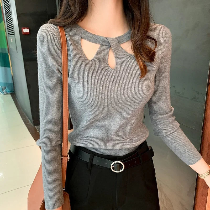 Women's Bow Keyhole Long Sleeve Sweater Casual Knit Layer