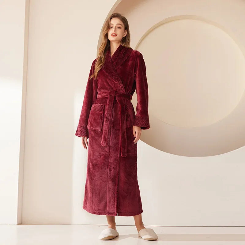 Long Flannel Fleece Tie Waist Bathrobe with Pockets