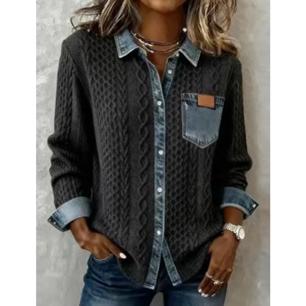Women's Cable Knit Cardigan with Denim Look Panels