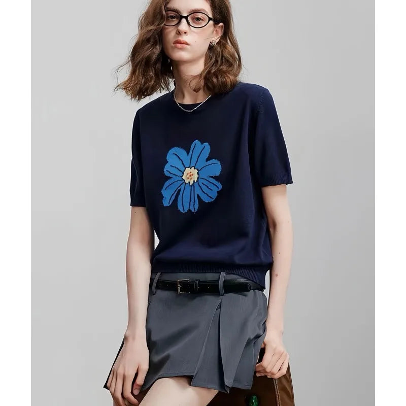 Stylish large-flower jacquard round-neck knitted short-sleeved women's loose ice silk T-shirt and thin top