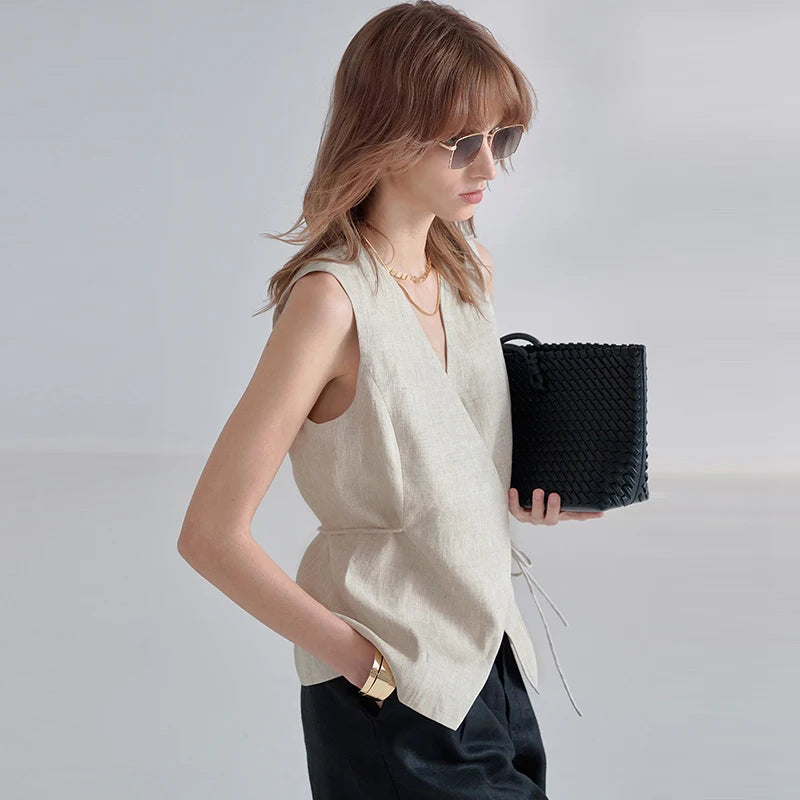 Women's Linen Sleeveless V-Neck Vest Top with Waist Tie for Summer Outfits
