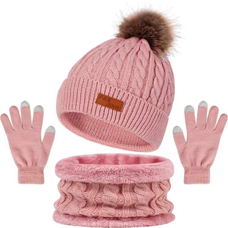 Pom-Pom Knitted Beanie Hat Scarf and Gloves Set for Winter Wear