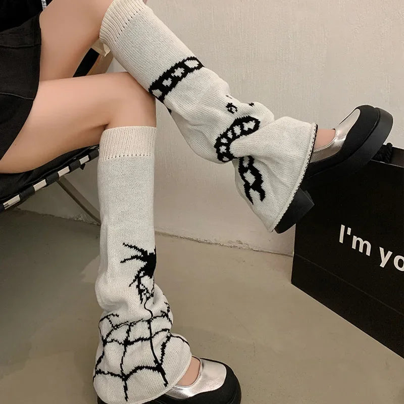 Patterned Knit Leg Warmers with Spiderweb and Heart Designs