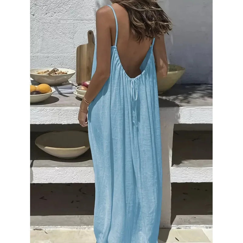 Women's Loose V Neck Spaghetti Strap Maxi Dress For Casual Outfits