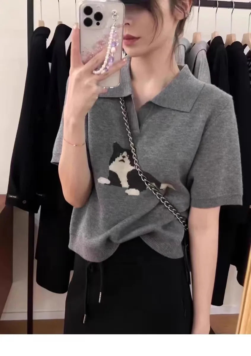 European vintage cat jacquard cashmere knitted short-sleeved women's lapel front-shoulder wool T-shirt, half-sleeved short top