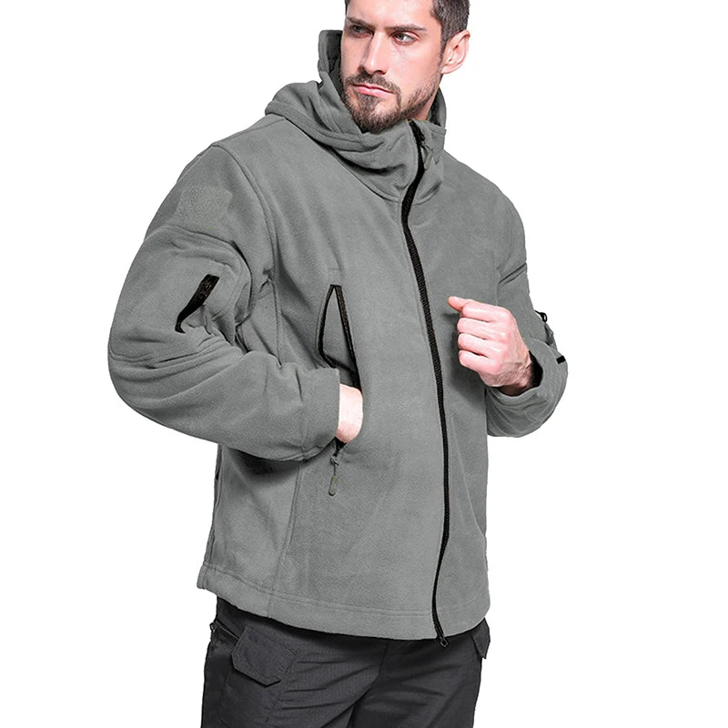 Men's Warm Tactical Fleece Jacket Zip Up Thicken Polar Hoodie Winter Outdoor Sport Hiking Hooded Coat Multi-Pocket