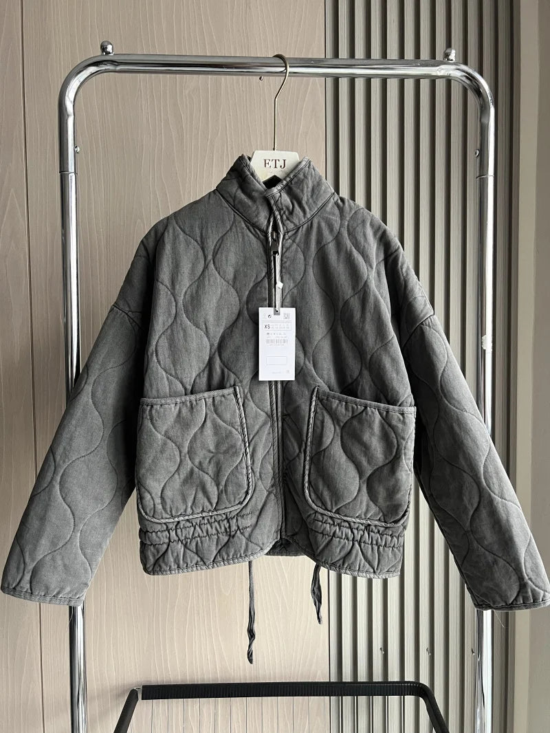 Stand Collar Long Sleeve Quilted Padded Casual Jacket
