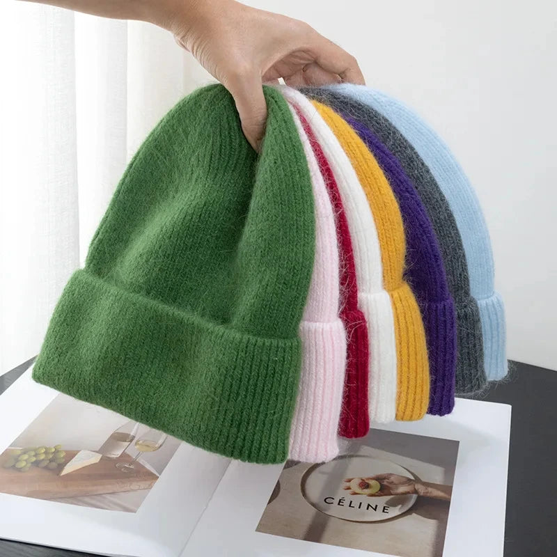 Solid Ribbed Knit Beanie with Folded Cuff Styling