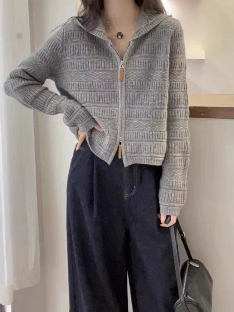 Autumn and Winter Thickened 100% Pure Wool Women's Hooded Knit Cardigan Loose Sweater Coat with Double Zippers Short Style