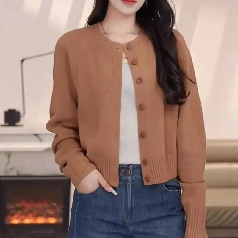 Autumn/Winter round-neck 100% wool knitted sweater cardigan women's coat long-sleeved top