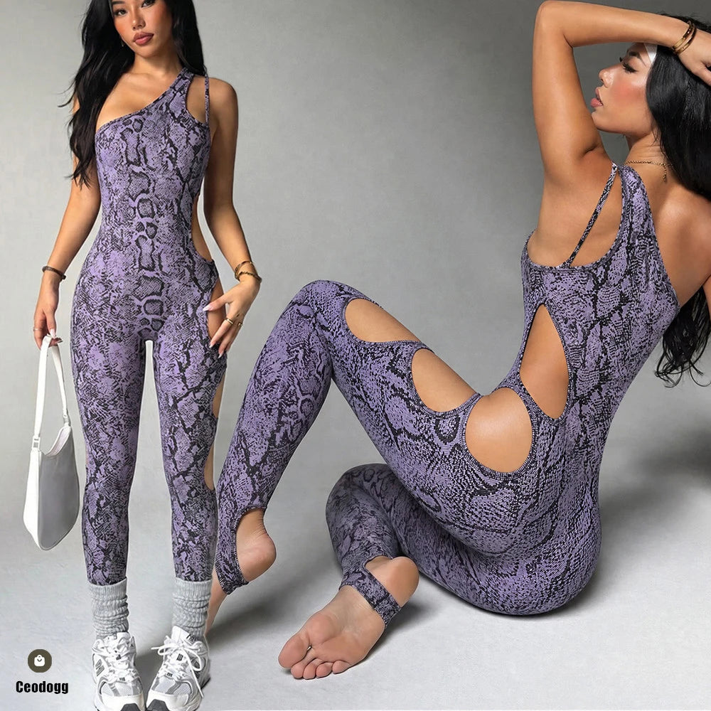 Women's Snakeskin Print Cutout Workout Jumpsuit with Crossed Back Straps