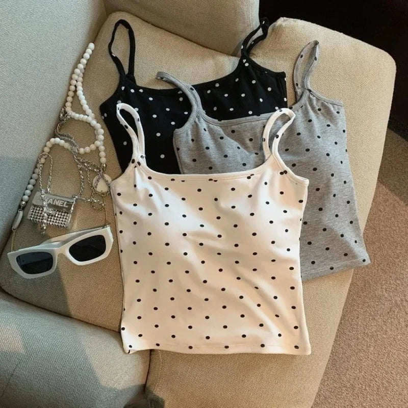 Women's Polka Dot Cotton Camisole with Thin Straps and Cropped Shape