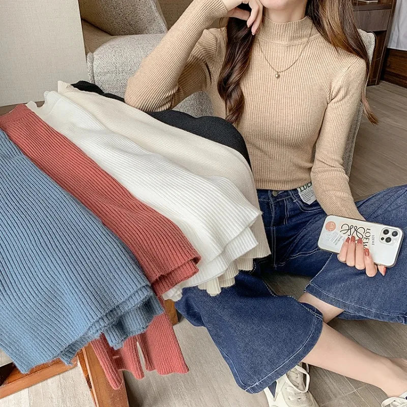 Women's Mock Neck Fitted Long Sleeve Sweater Casual Knit Layer