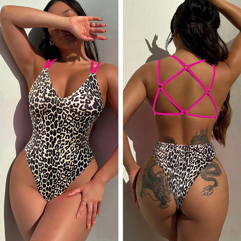 Women's Strappy Cross Back Plunge Neck One Piece Swimsuit
