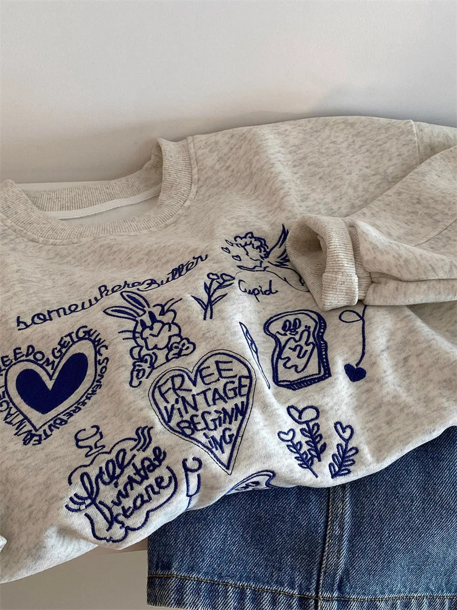 Embroidered Long Sleeve Pullover Casual Sweatshirt for Layering