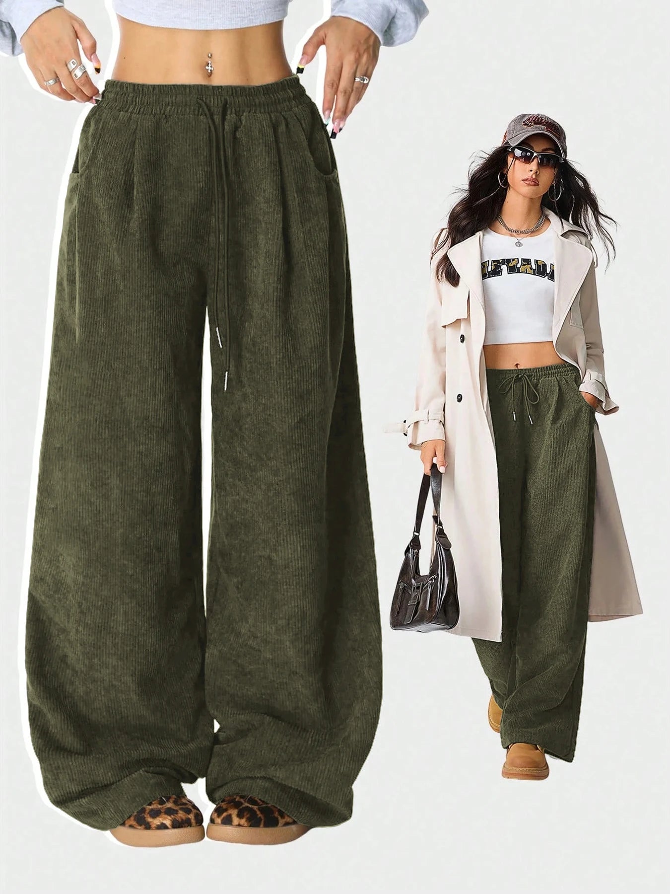 Women's Corduroy Style Drawstring Pants with Wide Legs and Pockets