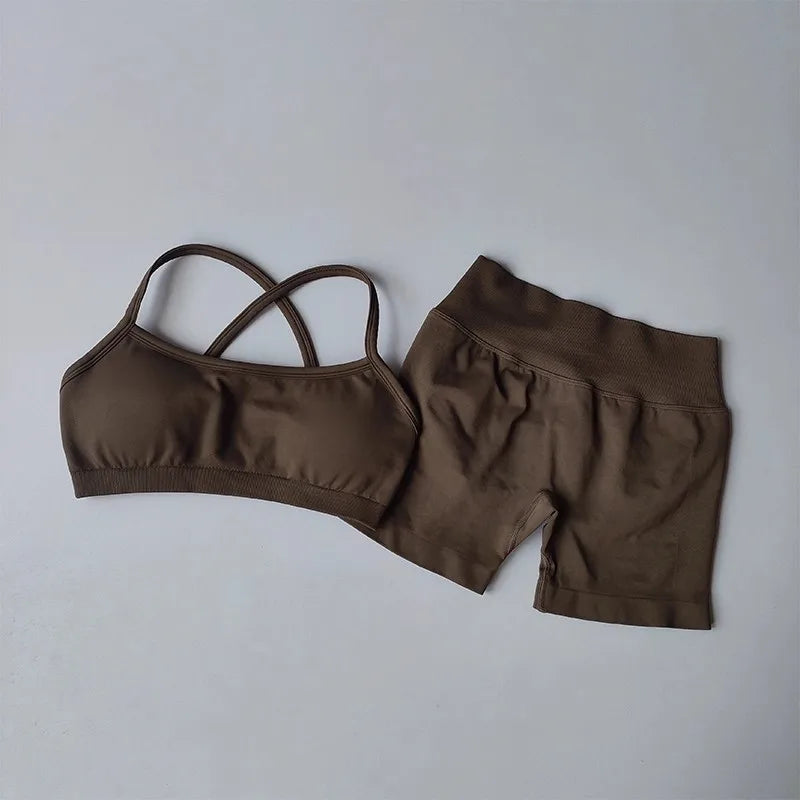 Women's Cross Strap Bra And Shorts Yoga Set
