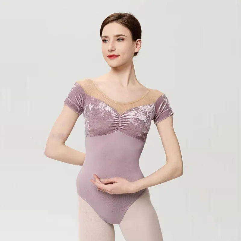 Women's Short Sleeve Ballet Leotard with Velvet Panels and Open Back