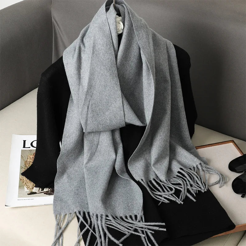 Solid Long Rectangular Scarf with Decorative Fringe Trim