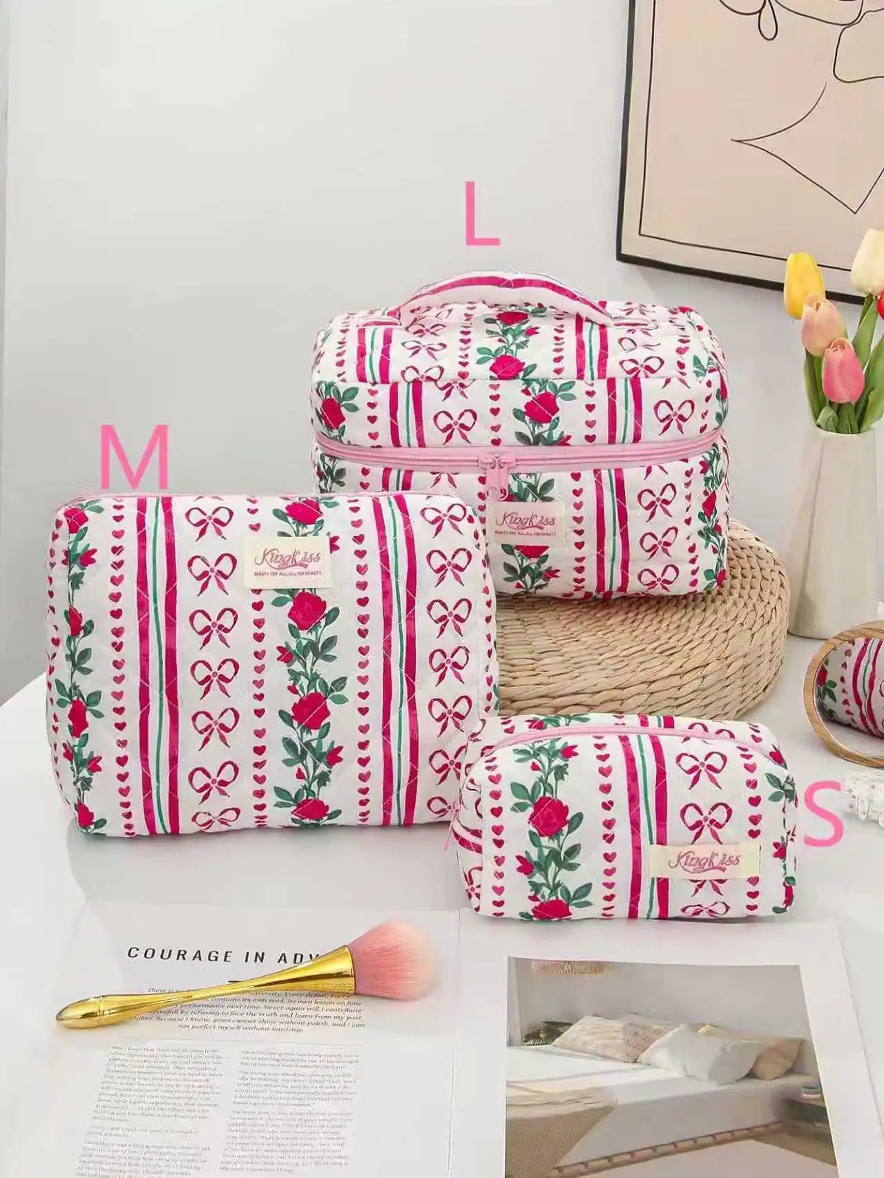 Printed Quilted Toiletry Bag with Zippered Size Options