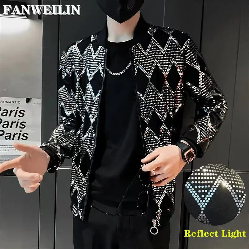 Metallic Finish Long Sleeve Front Zip Casual Bomber Jacket
