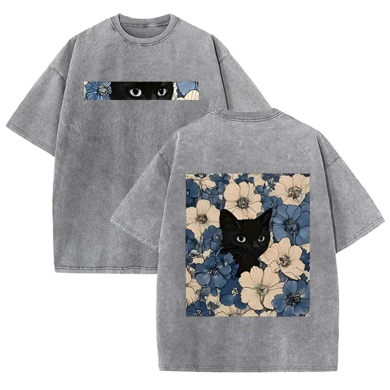 Vintage Washed Black Cat Floral T Shirt Double Sided Print Streetwear Casual Tee