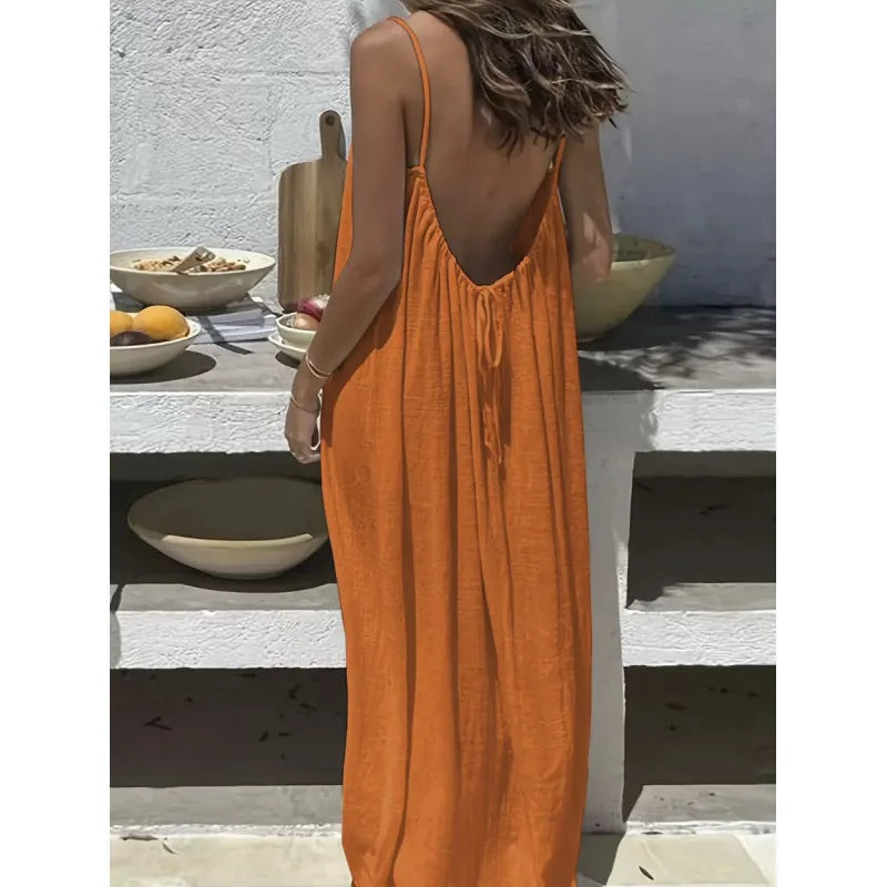 Women's Loose V Neck Spaghetti Strap Maxi Dress For Casual Outfits