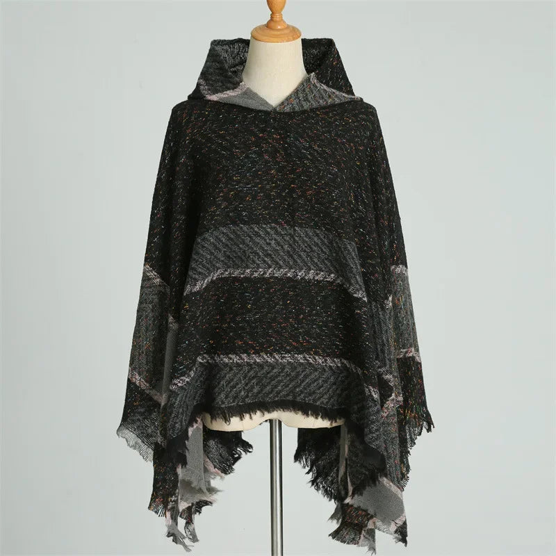 Hooded Stripe Fringe Poncho for Layering over Outfits