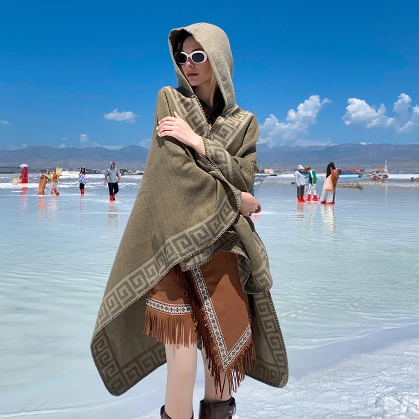 Hooded Geometric Border Poncho for Layering over Outfits