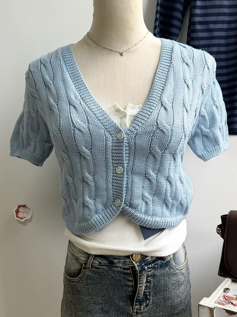 Women's Cropped V Neck Button Front Cardigan Casual Knit Layer